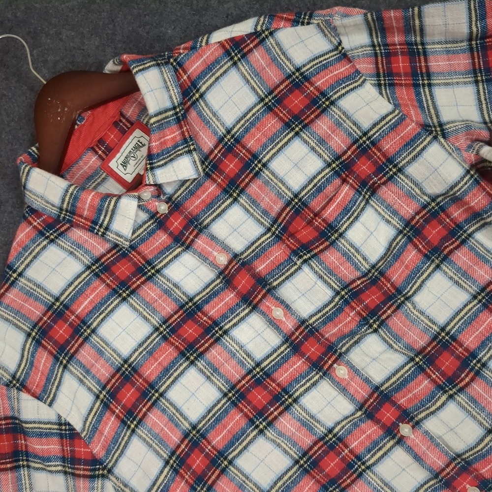 American Eagle‎ Mens Plaid Flannel Shirt Red White Blue Corduroy Collar Medium
